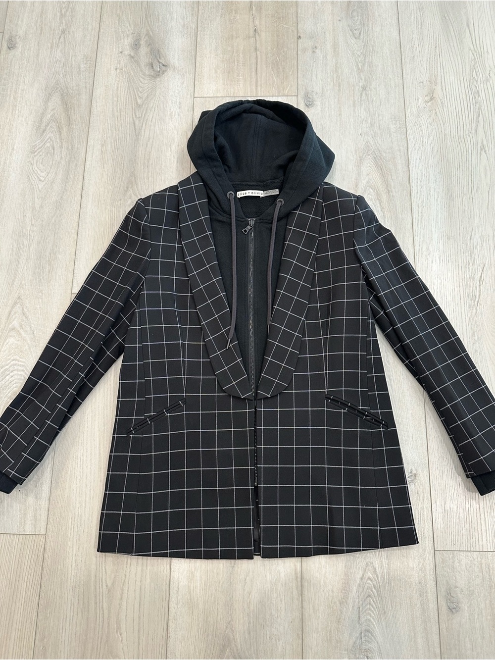 Alice + Olivia Black Windowpane Hooded Zip Blazer Jacket LG